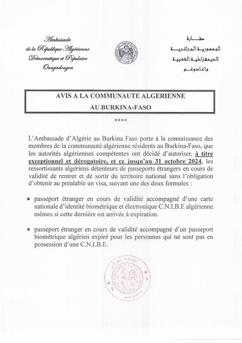 NOTICE TO THE ALGERIAN COMMUNITY IN BURKINA FASO