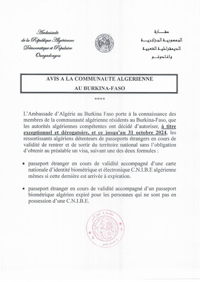 AVIS A LA COMMUNAUTE ALGERIENNE AU BURKINA FASO